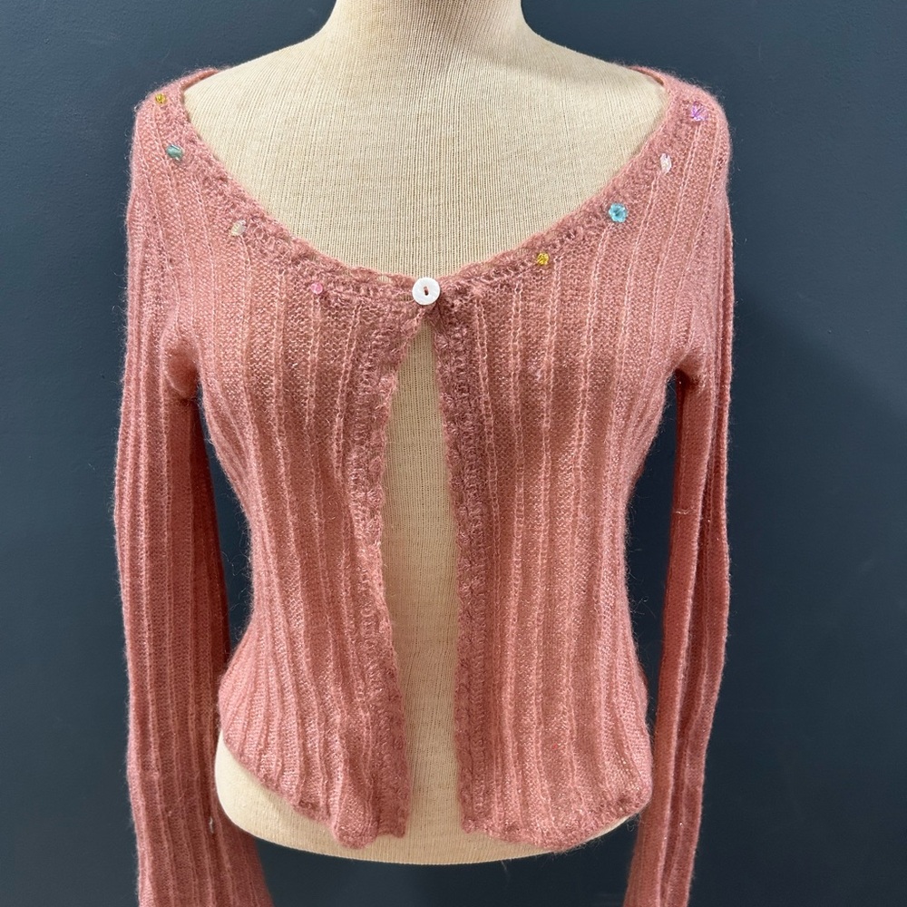 Pink delicate open front Knit Cardigan with beading details at collar